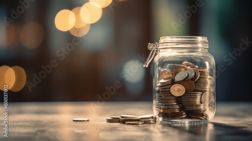 Coins in a clear jar with a blurred background with copy space, personal finance, inflation, Generative AI
