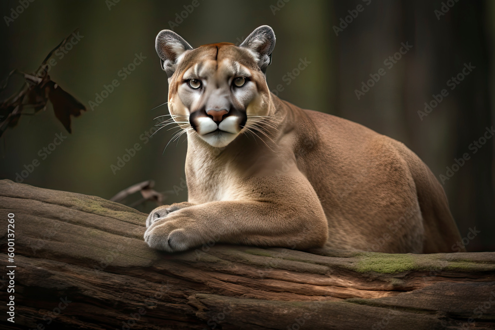 Obraz premium Portrait of a cougar, mountain lion, puma, panther, striking a pose on a fallen tree