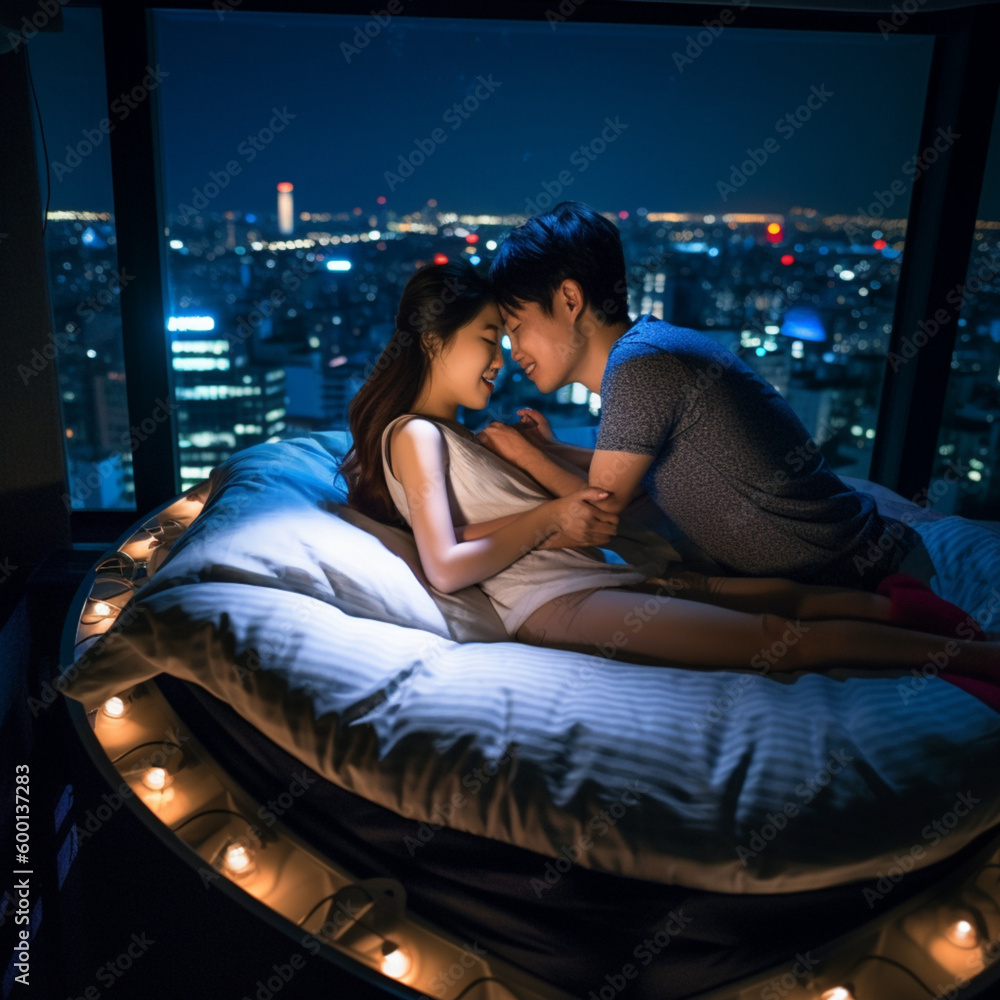 couple, young lady, kiss, hug, bed, Manshon, hotel, tower, high floor, bed, nice view, sex, night view, night, fantastic background (6)