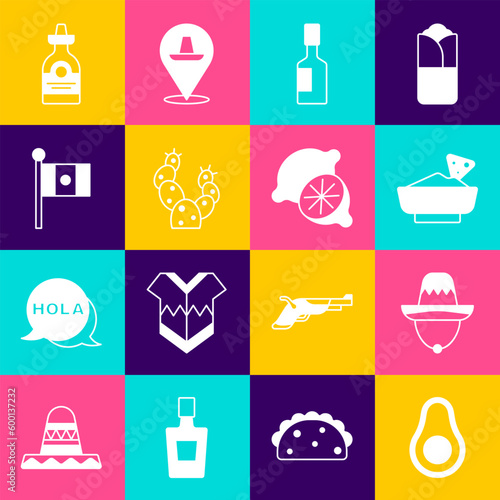 Set Avocado fruit, Mexican sombrero, Nachos in bowl, Tabasco sauce, Cactus, Mexico flag, Tequila bottle and Lime icon. Vector