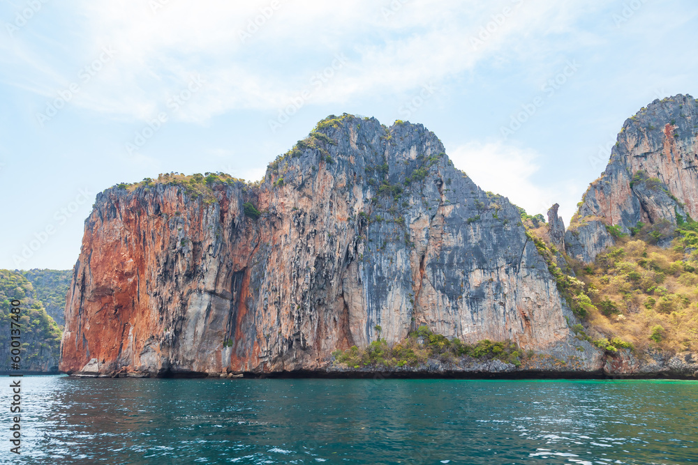 Red rock on phi phi leh island in krabi in thailand