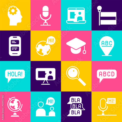 Set Microphone voice device, Alphabet, Foreign language online study, Learning foreign languages, Online translator, Head with gear inside and Graduation cap icon. Vector