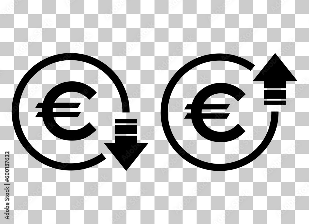Set of cost symbol euro increase and decrease icon. Money vector symbol isolated on background - obrazy, fototapety, plakaty 