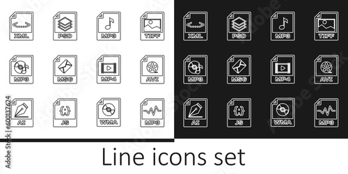 Set line MP3 file document, AVI, MSG, XML, MP4 and PSD icon. Vector