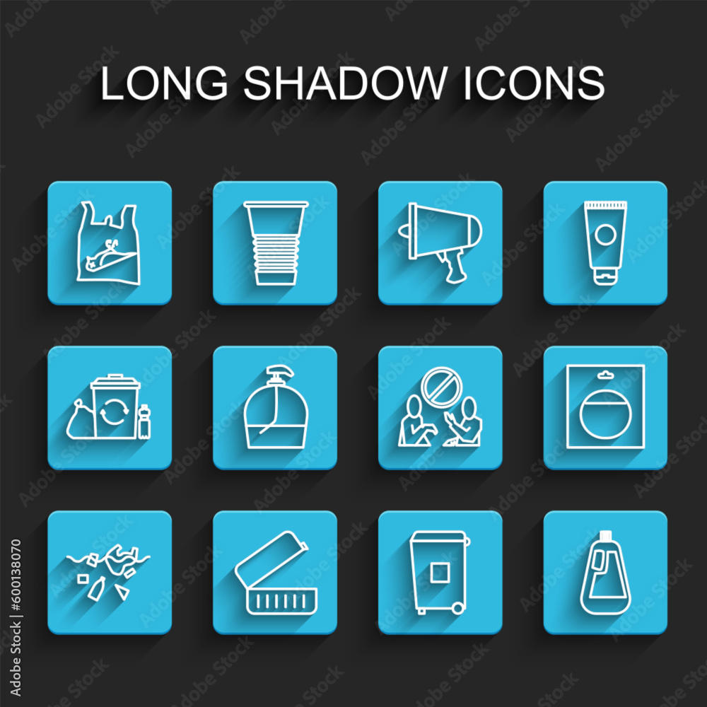 Set line Problem of pollution planet, Lunch box, Dead bird, plastic, Trash can, Bottle for dishwashing liquid, soap, Battery pack and Stop icon. Vector Set line Problem of pollution planet, Lunch box, Dead bird, plastic, Trash can, Bottle for dishwashing liquid, soap, Battery pack and Stop icon. Vector
