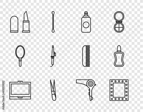 Set line Makeup powder with mirror, lights, Spray can, Eyebrow tweezers, Lipstick, Curling iron, Hair dryer and Nail polish bottle icon. Vector