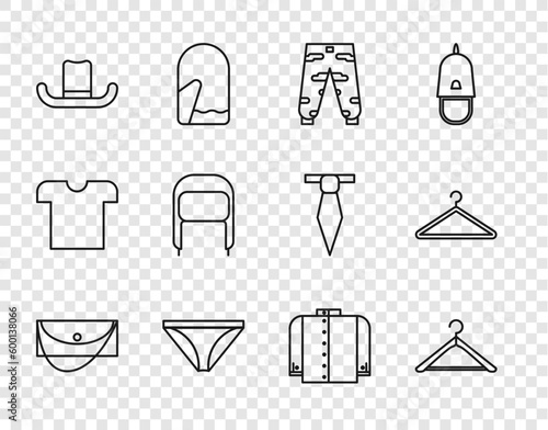 Set line Clutch bag, Hanger wardrobe, Camouflage cargo pants, Men underpants, Man hat, Winter with ear flaps, T-shirt and icon. Vector