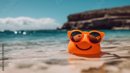 Very cute orange smiling with cool sunglasses at the beach  Generative AI