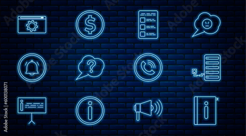 Set line User manual, Server, Create account screen on mobile, Speech bubble Question, Button chat notification, Setting, Phone call and Coin money with dollar icon. Vector
