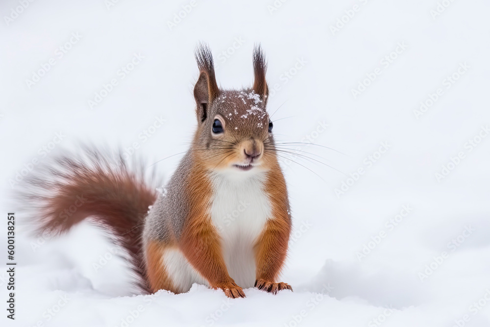 Portrait of squirrels close up on a background of white snow Portrait of squirrels close up on a background of white snow