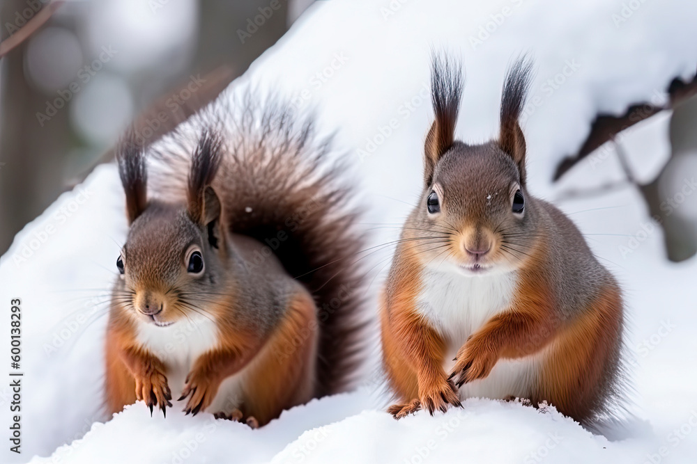 Portrait of squirrels close up on a background of white snow Portrait of squirrels close up on a background of white snow