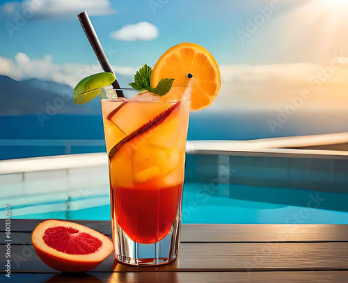summer colorful fresh cocktail against sea mountain city building or pool background.hand putting fruit,tasty fruits like strawberry orange on glass edge generative ai images