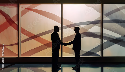 businessman shaking hands in front of a large window, in the style of precisionism influence, generative ai