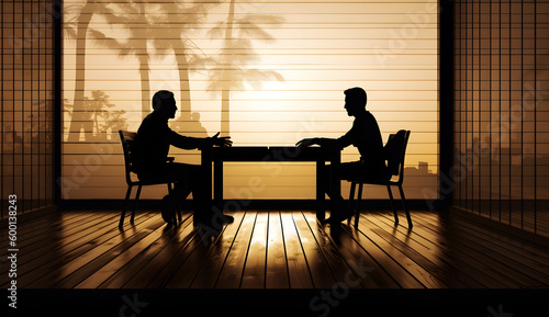 commercial business meeting between two men ,silhouette on wooden floor with transparent background, generative ai