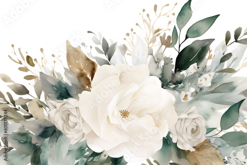 bouquet of white roses on white background, in the style of soft watercolors, light emerald and beige, generative ai