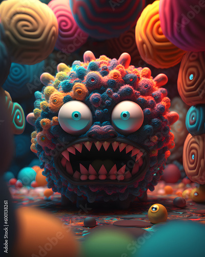 grumpy, kaleidoscopic cartoon bacteria, generative ai