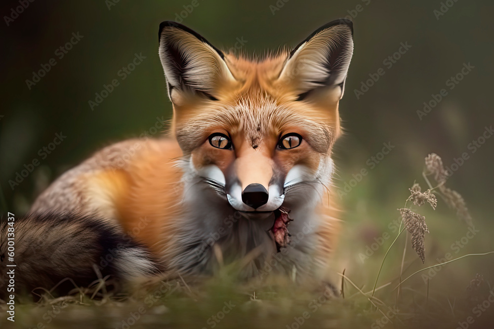 Fototapeta premium Red Fox after hunting, Vulpes vulpes, wildlife scene from Europe.Portrait of fox with prey on meadow