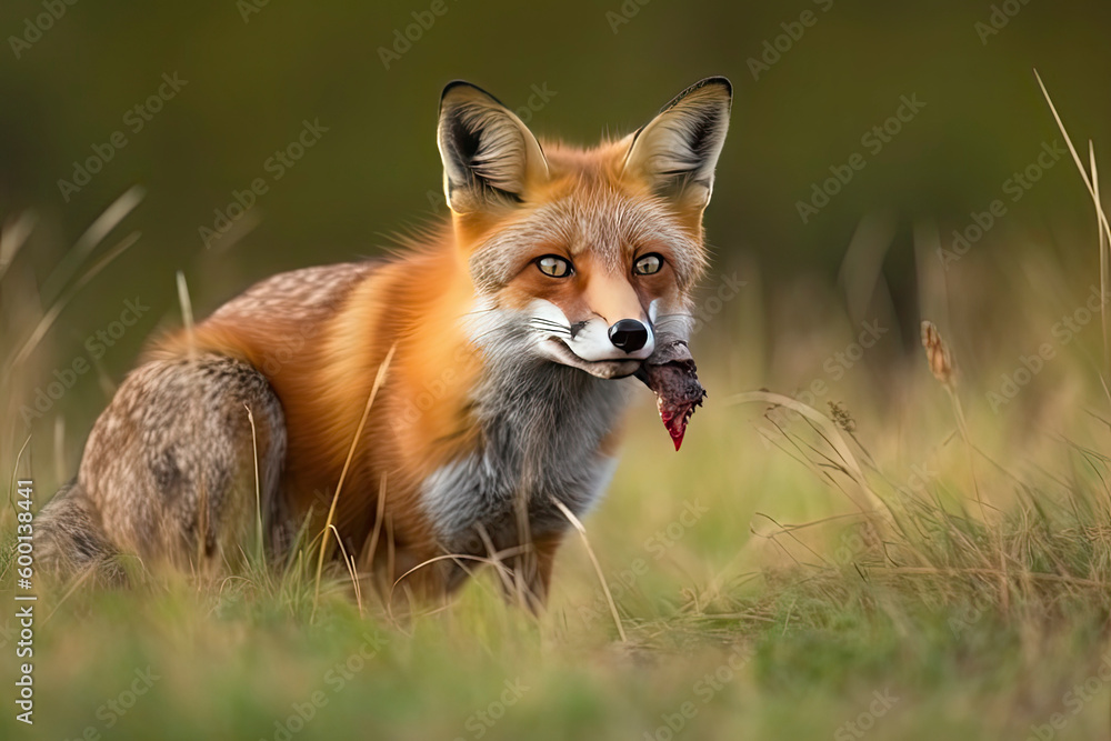 Red Fox after hunting, Vulpes vulpes, wildlife scene from Europe.Portrait of fox with prey on meadow Red Fox after hunting, Vulpes vulpes, wildlife scene from Europe.Portrait of fox with prey on meadow