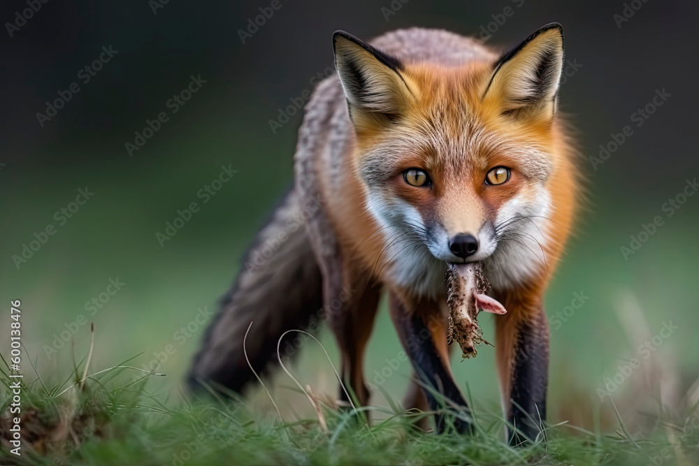 Obraz premium Red Fox after hunting, Vulpes vulpes, wildlife scene from Europe.Portrait of fox with prey on meadow