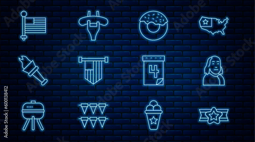 Set line Star American military, Benjamin Franklin, Donut, flag, Torch flame, Calendar with date July 4 and Sausage the fork icon. Vector