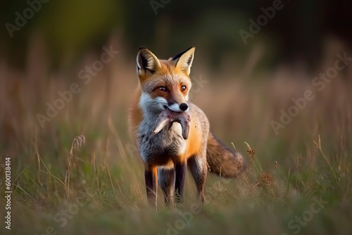 Red Fox after hunting, Vulpes vulpes, wildlife scene from Europe.Portrait of fox with prey on meadow © surassawadee