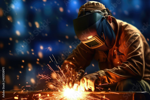 welder is welding metal with bokeh and sparkle background © purich