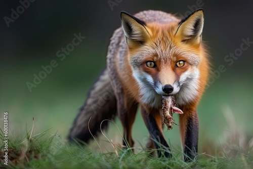Red Fox after hunting, Vulpes vulpes, wildlife scene from Europe.Portrait of fox with prey on meadow © surassawadee