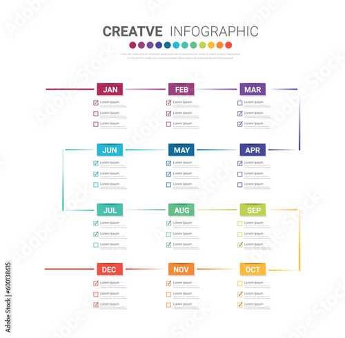 Timeline for 1 year, calendar, 12 months, Presentation business 4 quarter, Infographic Timeline can be used for workflow, process diagram, flow chart.