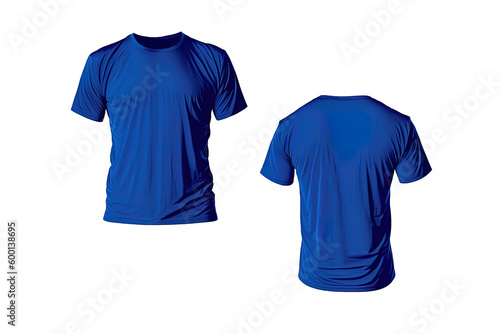 Photo realistic male blue t-shirts with copy space, front and back view. Created with Generative AI Technology