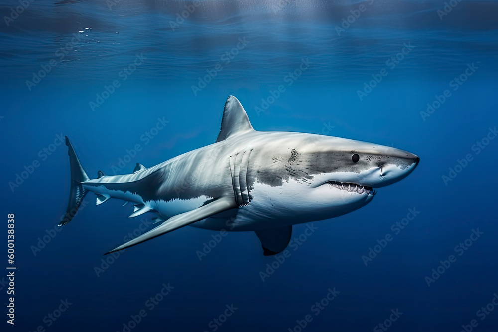 Naklejka premium Great white shark underwater, hunting and attacking, predator