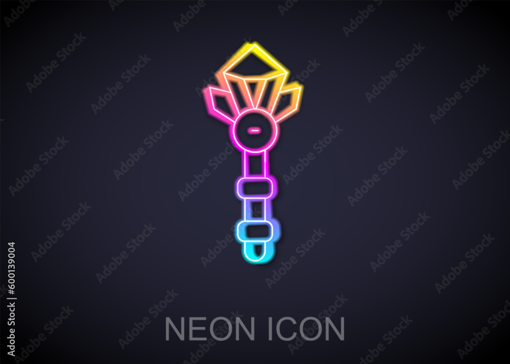 Glowing neon line Magic wand icon isolated on black background. Star shape magic accessory. Magical power. Vector Glowing neon line Magic wand icon isolated on black background. Star shape magic accessory. Magical power. Vector