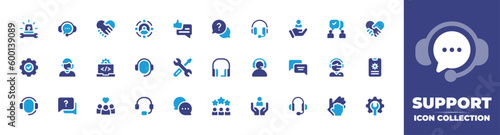 Support icon collection. Duotone color. Vector and transparent illustration. Containing tech support, customer service, handshake, target, live chat, help, headphones, customer, communication, fair.