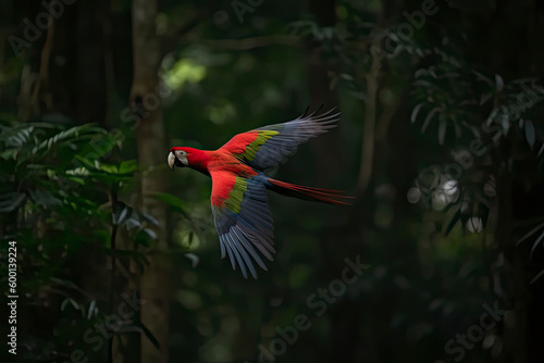 Red hybrid parrot in forest. Macaw parrot flying in dark green vegetation © surassawadee