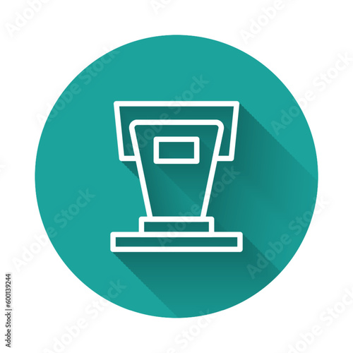 White line Stage stand or debate podium rostrum icon isolated with long shadow background. Conference speech tribune. Green circle button. Vector