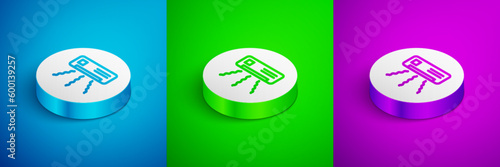 Isometric line Air conditioner icon isolated on blue, green and purple background. Split system air conditioning. Cool and cold climate control system. White circle button. Vector