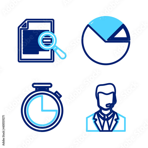 Set line Man with a headset, Stopwatch, Pie chart infographic and Document search icon. Vector