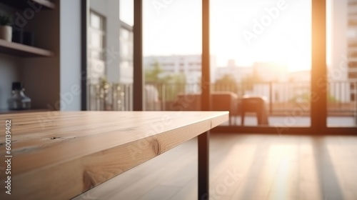 Abstract blurred table in a house overlooking a balcony