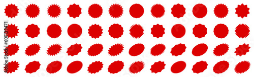 Set of red price sticker, sale or discount sticker, sunburst badges icon. Stars shape with different number of rays. Special offer price tag. Red starburst promotional badge shopping labels