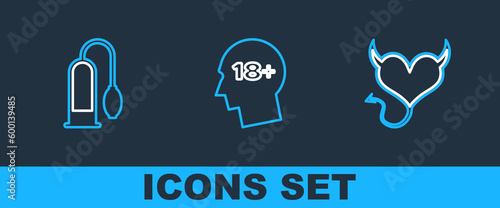 Set line Devil heart with horns, Penis pump and Head 18 plus icon. Vector