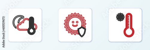 Set line Meteorology thermometer, Thermometer and cloud, moon and UV protection icon. Vector