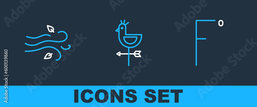Set line Fahrenheit, Wind and Rooster weather vane icon. Vector