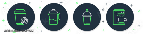 Set line French press, Coffee cup to go, and machine icon. Vector