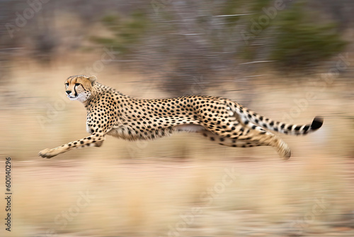 shot of adult cheetah running at top speed with all legs in the air in Kruger Park South Africa