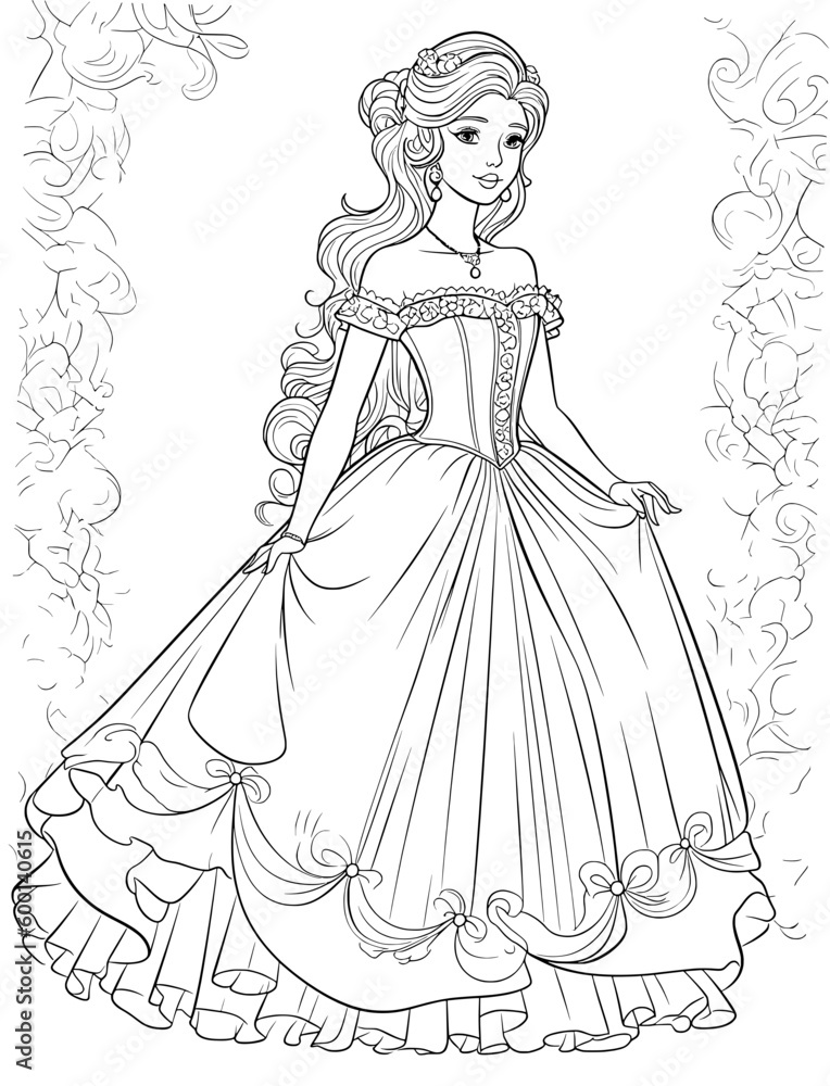 princess girl coloring book outline stroke illustration baby cute character vector page queen crown fairy tale - obrazy, fototapety, plakaty 