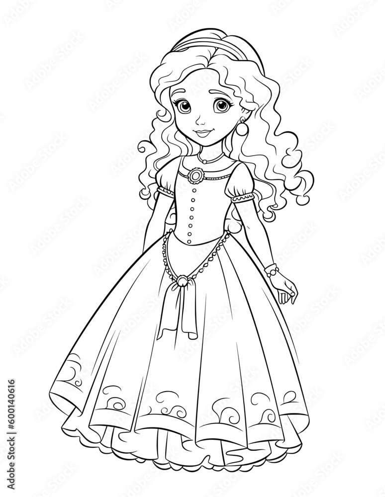 little princess girl coloring book outline stroke illustration baby cute character vector page queen crown fairy tale - obrazy, fototapety, plakaty 