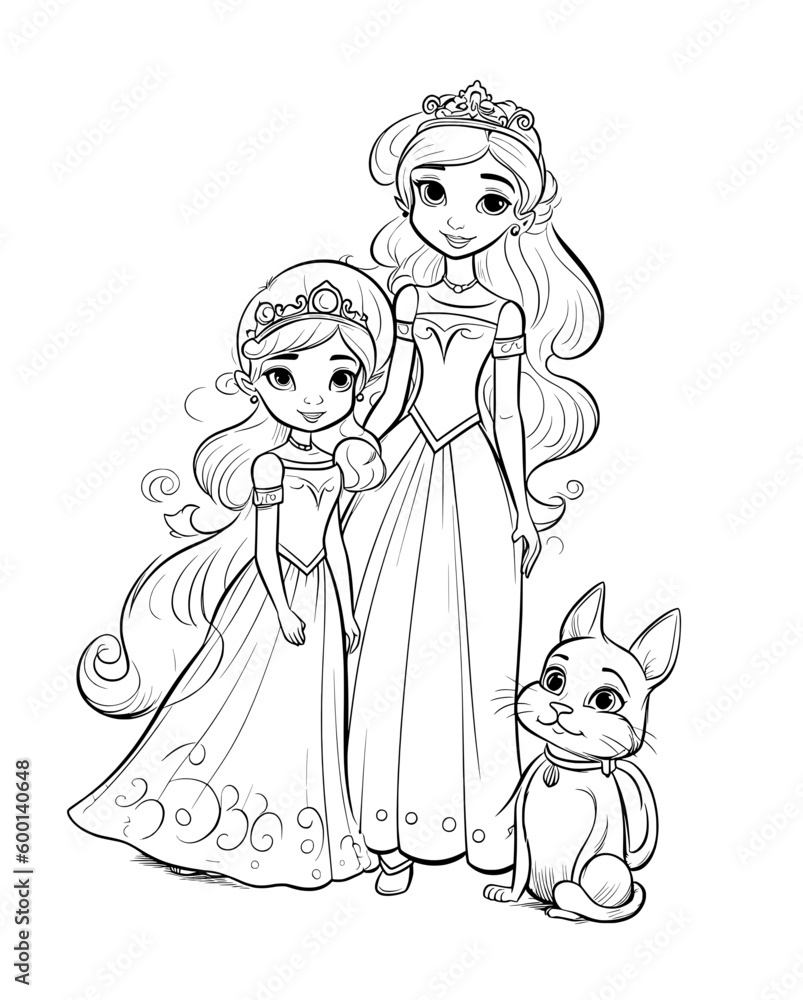little princess girl coloring book outline stroke illustration baby cute character vector page queen crown fairy tale friends - obrazy, fototapety, plakaty 