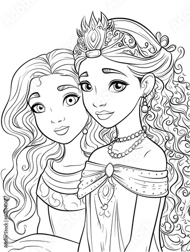 little princess girl coloring book outline stroke illustration baby cute character vector page queen crown fairy tale friends