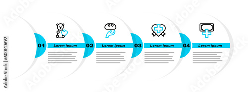 Set line Donation and charity, Heart with cross, food and Donate child toys icon. Vector