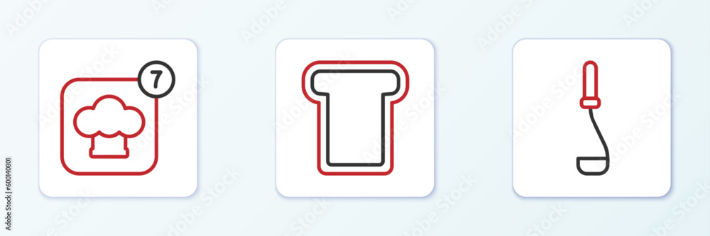 Set line Kitchen ladle, Chef hat and Bread toast icon. Vector Set line Kitchen ladle, Chef hat and Bread toast icon. Vector