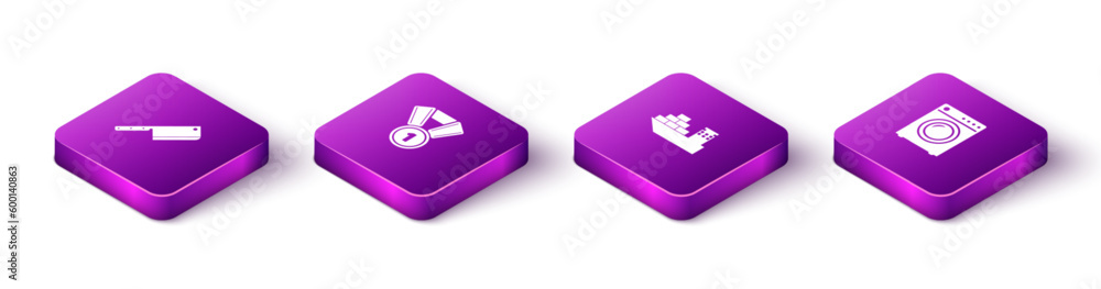 Set Isometric Meat chopper, Medal, Cargo ship and Washer icon. Vector